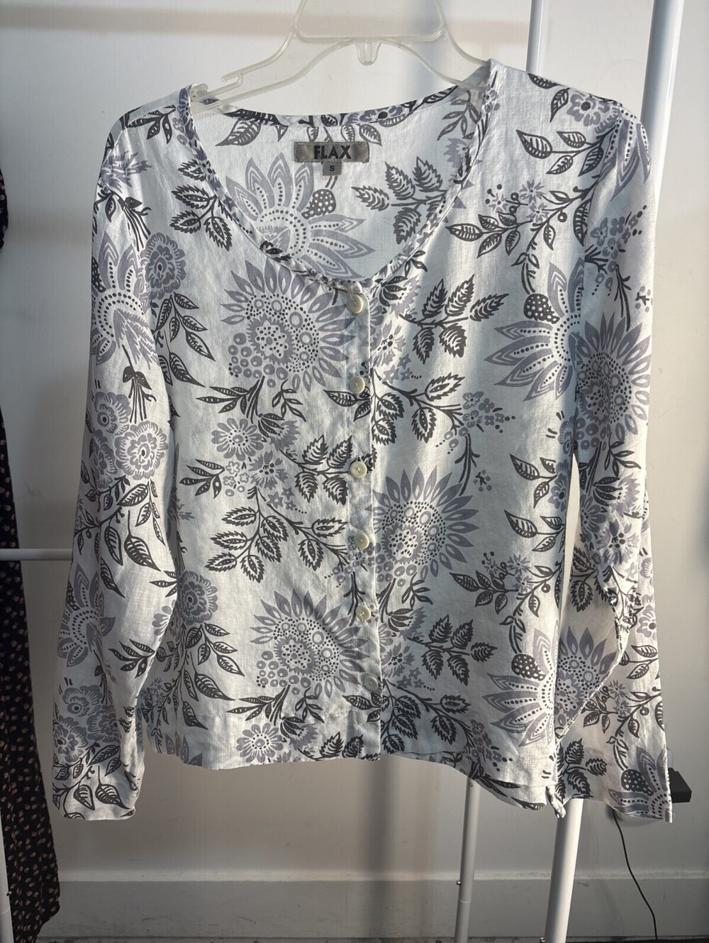 Flax Button Front White Black Floral Linen Blouse Jacket Small NWOT Lagenlook